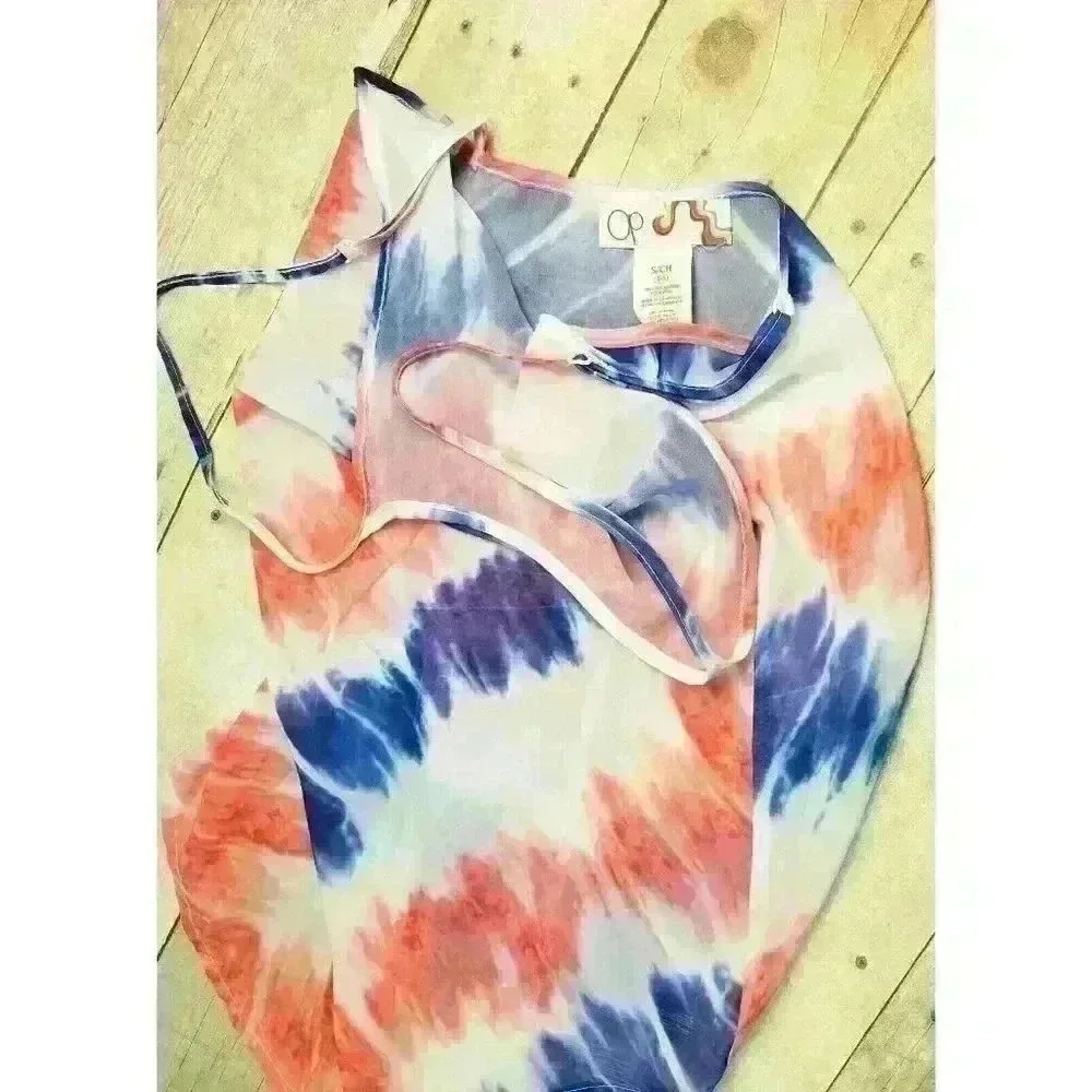 OP Woman RED WHITE & BLUE Sheer TIE DYE Beach Cover Dress Lightweight size Small